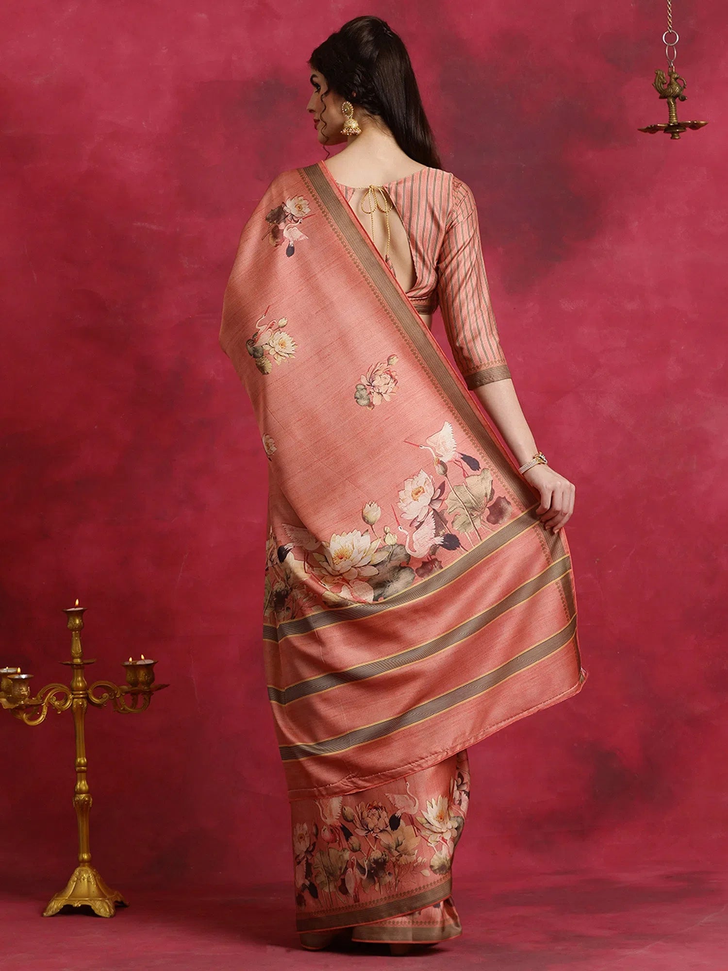 Saree Mall Women's Cotton Blend Peach Printed Designer Saree With Blouse Piece-HIBRO107B Romantic Lace Blouse
