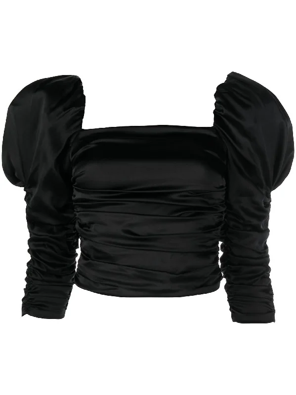 Katrice 3/4 Puff Sleeve Square Neck Ruched Top Blouse In Black Off-Shoulder Wrap Blouse