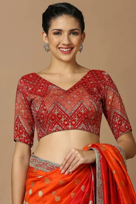 Red Brocade Elbow Length Padded Blouse Chic Off-Shoulder Blouse