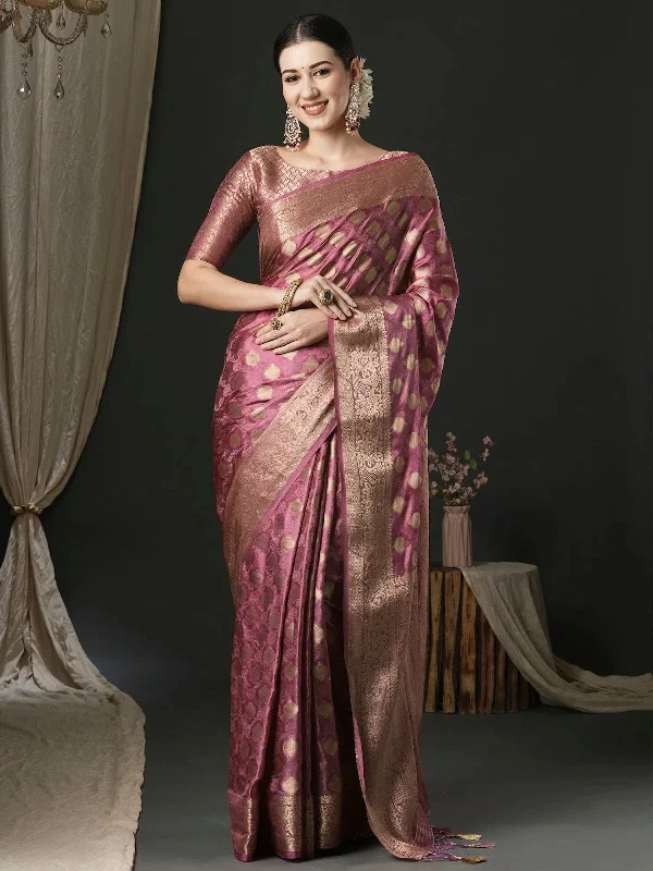Saree Mall Women's Satin  Pink Woven Design Designer Saree With Blouse Piece-AQRIUS05D Silky Draped Blouse