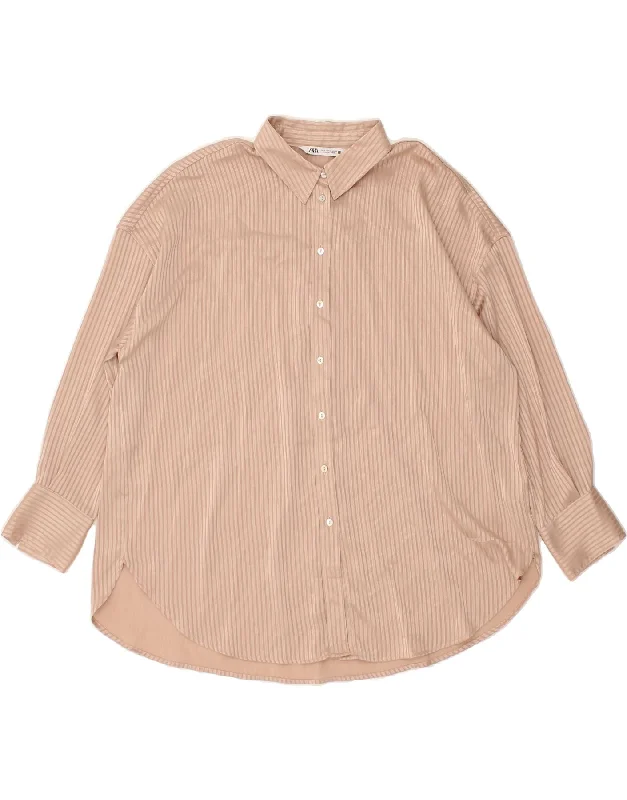 ZARA Womens Shirt Blouse UK 18 XL Pink Pinstripe Polyester-- Spandex Blend Rayon Blend Denim Blend