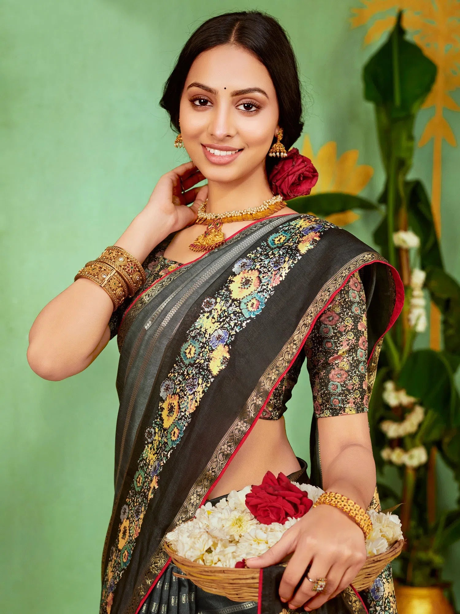 Saree Mall Women's Soft  Grey Embellished Designer Saree With Blouse Piece-HBUTAI40126 Ruffled Neck Blouse