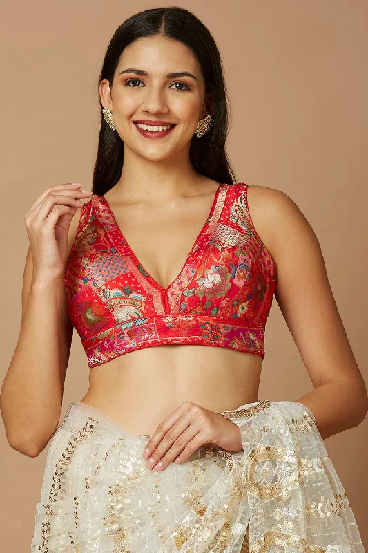 Red Brocade Sleeveless Padded Blouse Classic White Blouse