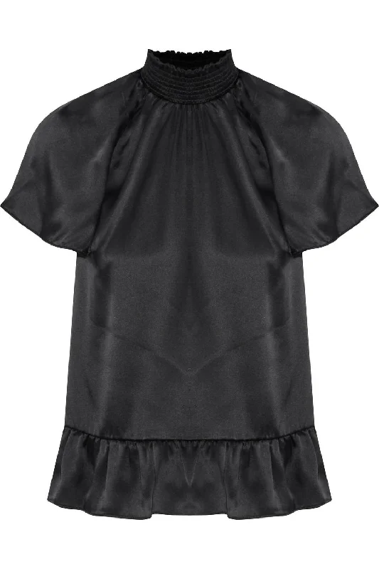 Harbor High Smocked Neckline Ruffled Silk Blouse In Black Floral Chiffon Blouse