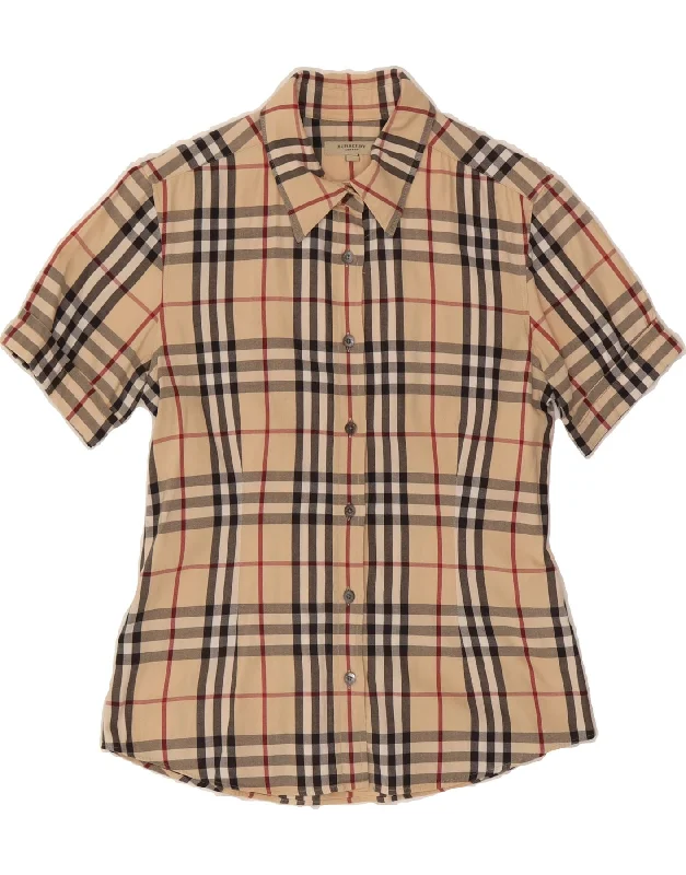BURBERRY Womens Short Sleeve Shirt UK 10 Small Brown Check Cotton -- Basic T-Shirt Crew Neck Short Sleeve