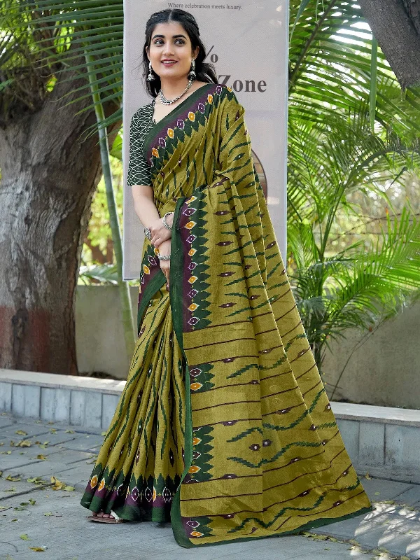 Saree Mall Women's Cotton Olive Printed Designer Saree With Blouse Piece-MINAXI3702 Puff Sleeve Blouse
