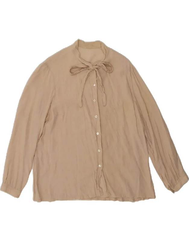 VINTAGE Womens 3/4 Sleeve Front Tie Shirt Blouse UK 16 Large Beige-- Houndstooth Herringbone Solid