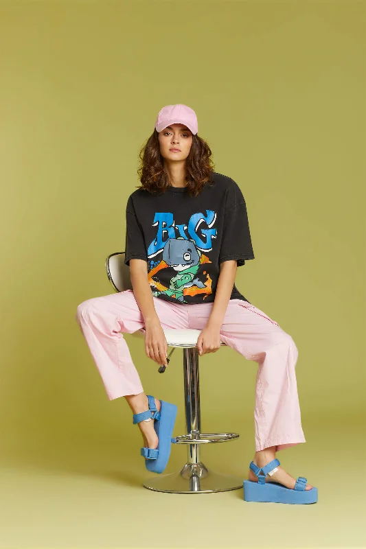 Big Fish Faded Effect Oversized T-shirt-- Rayon Fabric Velvet Fabric Corduroy Fabric