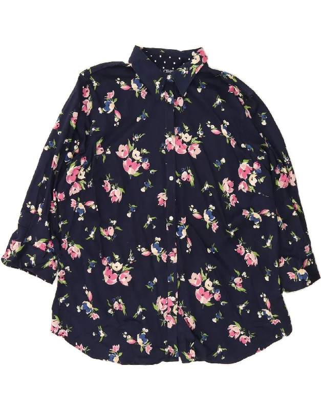 CHAPS Womens 3/4 Sleeve Shirt Blouse UK 20 2XL Navy Blue Floral Cotton-- Thin T-Shirt Open Front Quick Dry