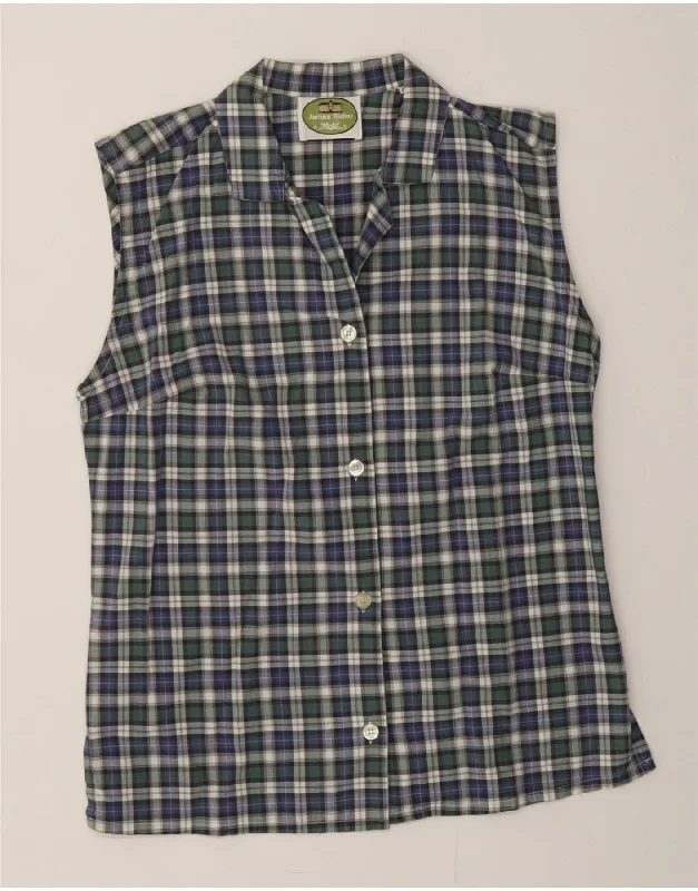 VINTAGE Womens Sleeveless Shirt Blouse IT 42 Medium Green Check Cotton-- Anti-Shrink Durable Soft