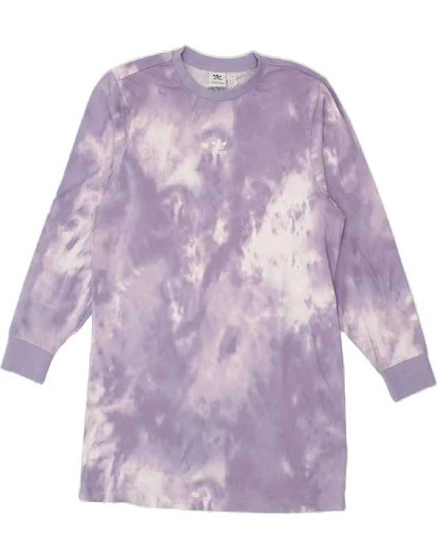 ADIDAS Womens Long Sleeve T-Shirt Dress UK 8 Small Purple Tie Dye Cotton-- Collared T-Shirt Boat Neck A-Line