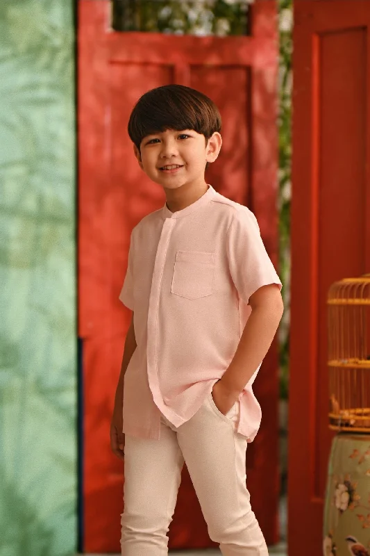 The Nian Nian Mandarin Shirt - Baby Pink-- Striped Floral Plaid