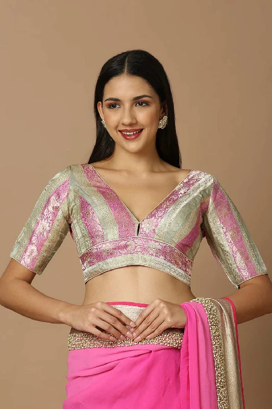 Multi-Color Brocade Elbow Length Padded Blouse Cotton Casual Blouse
