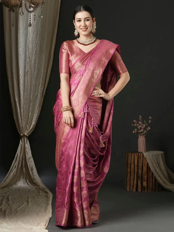 Saree Mall Women's Satin  Pink Woven Design Designer Saree With Blouse Piece-AQRIUS03D Embellished Collar Blouse