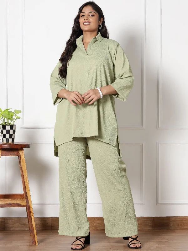 SageGreen Textured ShirtTop & WaistbandPalazzo-- Plaid T-Shirt Polka Dot Checkered