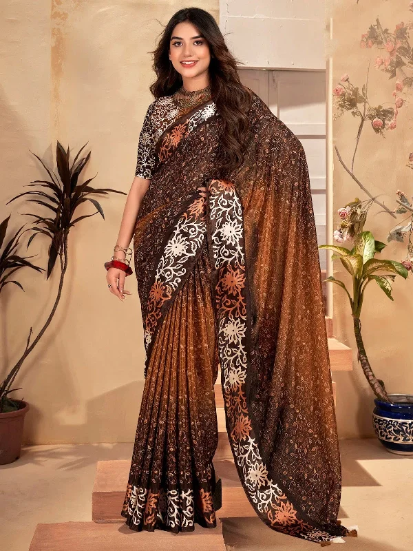 Saree Mall Women's  Blend Camel Brown Printed Designer Saree With Blouse Piece-SANTONI119 Polished Work Blouse