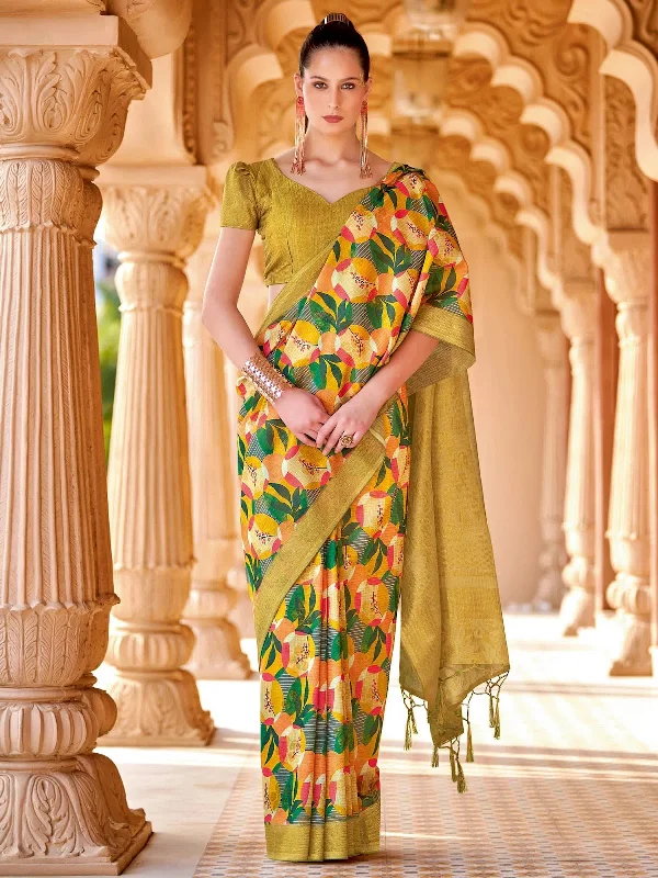 Saree Mall Women's Cotton Blend Mustard Printed Designer Saree With Blouse Piece-NITRA201 Satin Drape Blouse