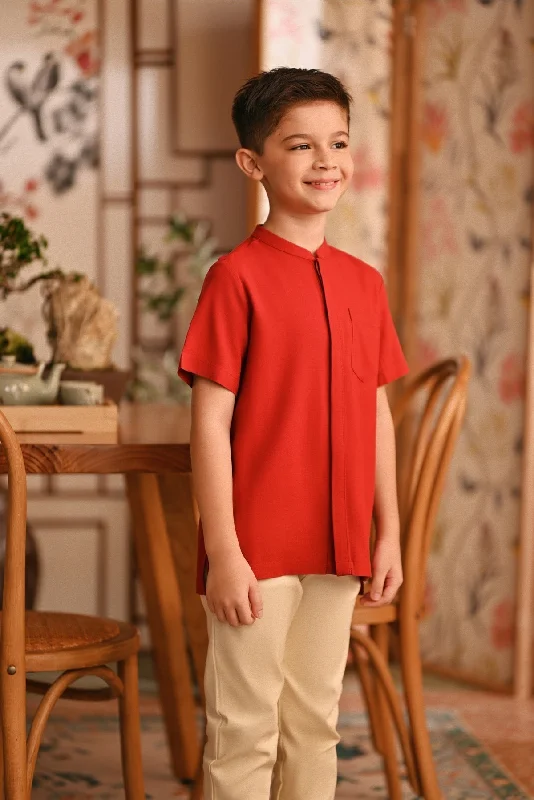 The Nian Nian Mandarin Shirt - Crimson Red-- Print Jacquard Patchwork