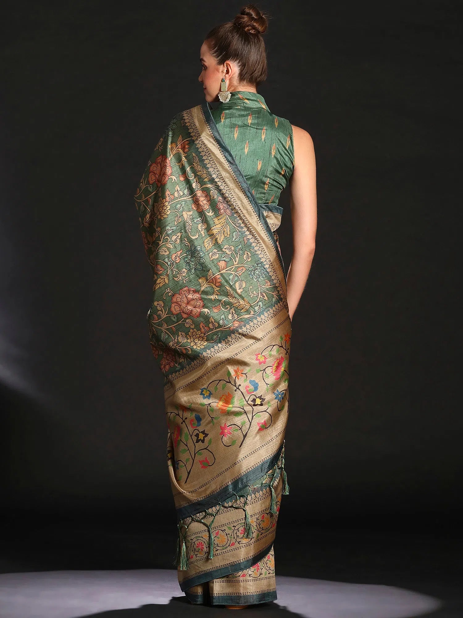 Saree Mall Women's Cotton Blend Sea Green Printed Designer Saree With Blouse Piece-KOZI208 Double-Layered Blouse