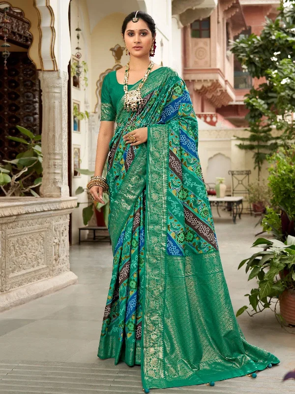 Saree Mall Women's Tussar  Teal Green Printed Designer Saree With Blouse Piece-ZARIBNRSI1002 Silky Tunic Blouse