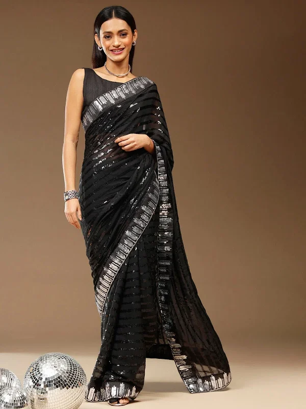 Saree Mall Women's Georgette Black Embellished Designer Saree With Blouse Piece-BITTI573 Relaxed Fit Blouse