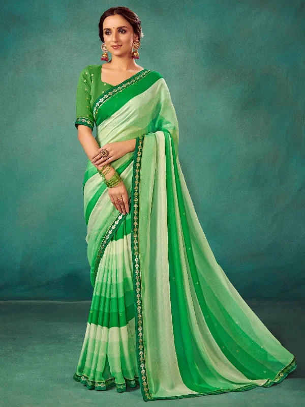 Saree Mall Women's Chiffon Green Embellished Designer Saree With Blouse Piece-SHIVIKA2003 Classic Striped Blouse