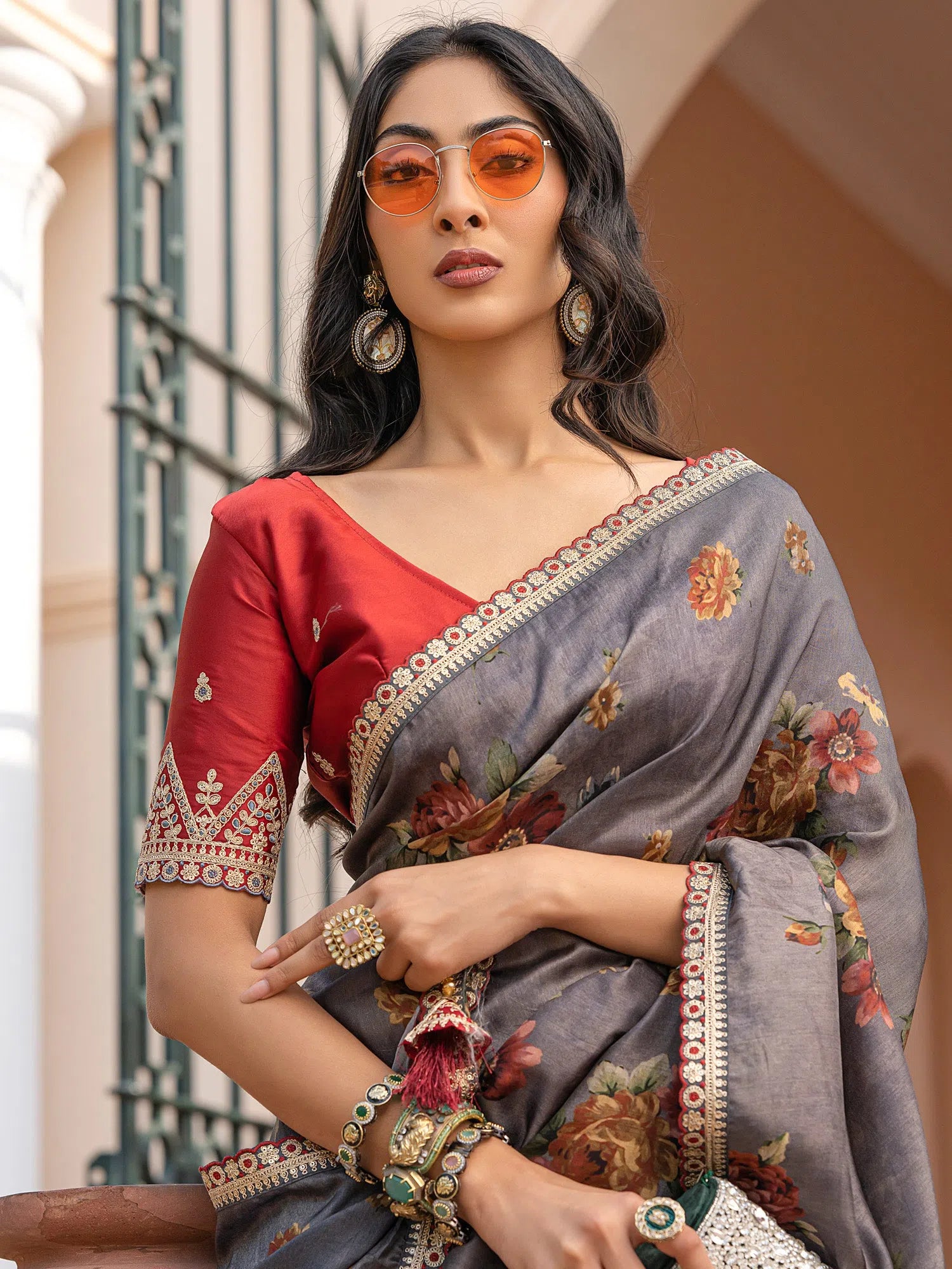 Saree Mall Women's Viscose  Grey Embellished Designer Saree With Blouse Piece-KRAGIRI1807 Wrap Front Blouse