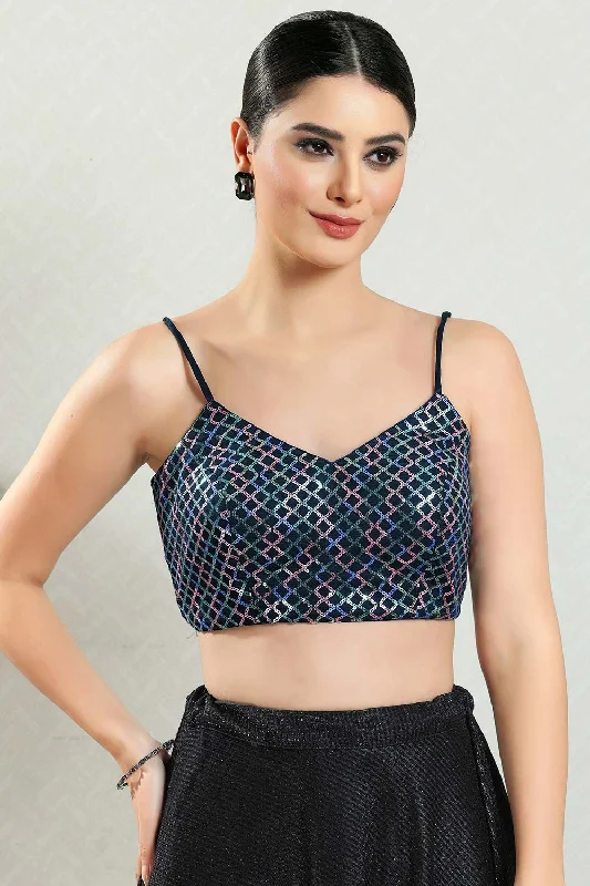 Navy Blue Brocade Embellished Sleeveless Blouse Elegant Silk Blouse