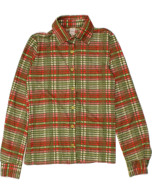 VINTAGE Womens Shirt IT 40 Small Multicoloured Check Polyester-- Houndstooth Herringbone Solid