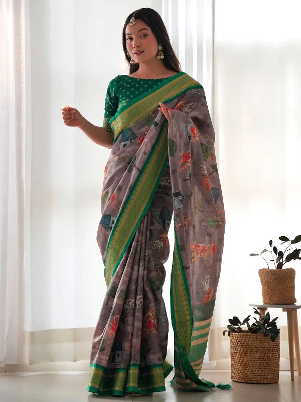 Saree Mall Women's  Blend Charcoal Grey Printed Designer Saree With Blouse Piece-AAVYA2504 Soft Knit Blouse