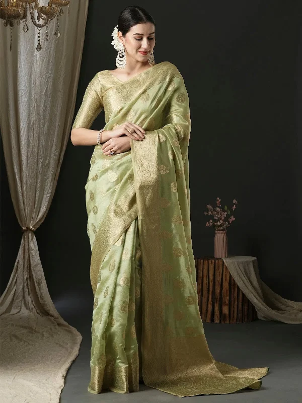 Saree Mall Women's Organza Light Green Woven Design Designer Saree With Blouse Piece-UNATI3001 Elegant Lace Blouse