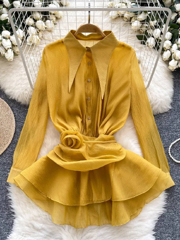 Statement Collar Ruffled Hem Yellow Blouse Mandarin Collar Blouse
