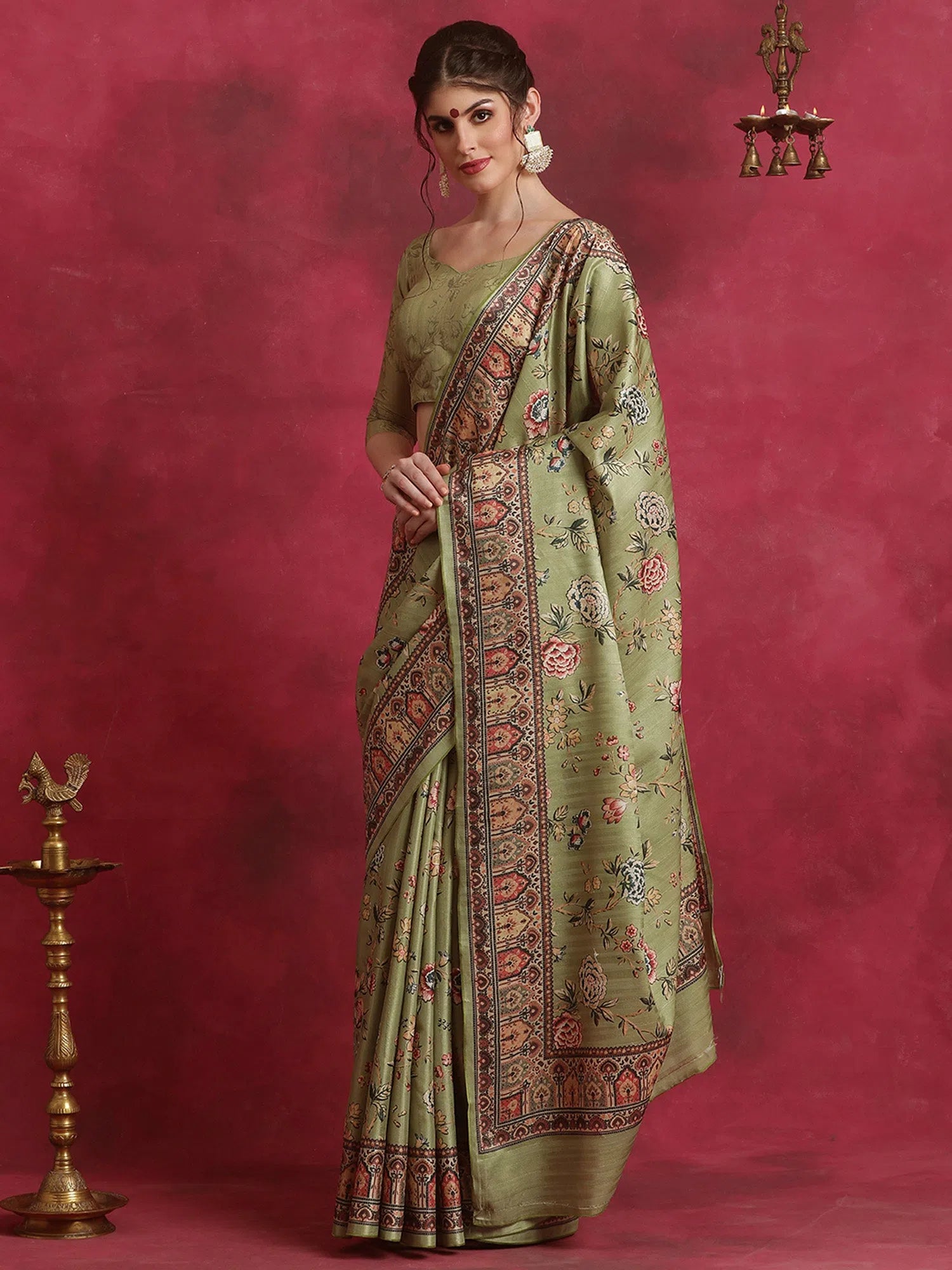Saree Mall Women's Cotton Blend Olive Printed Designer Saree With Blouse Piece-HIBRO105C Soft Modal Blouse