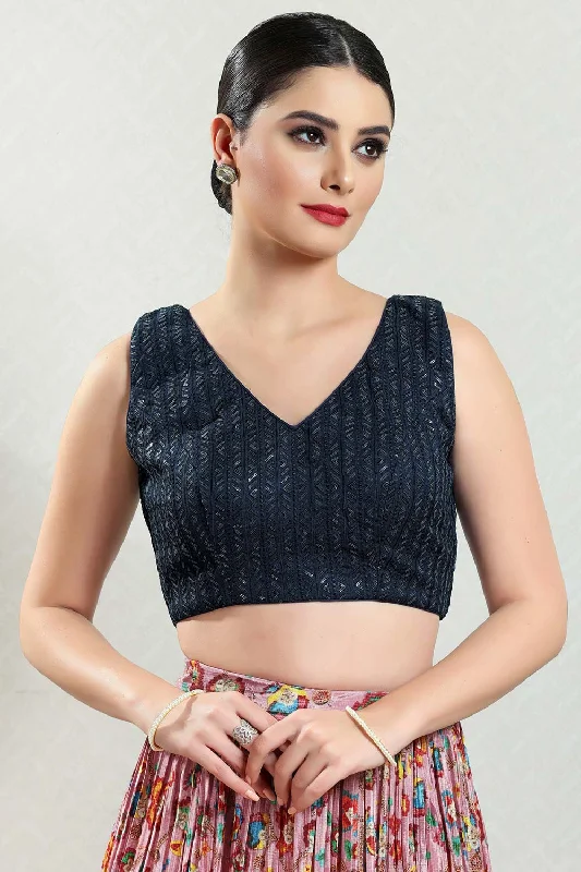 Navy Blue Brocade Embroidered Sleeveless Blouse Semi-Sheer Blouse