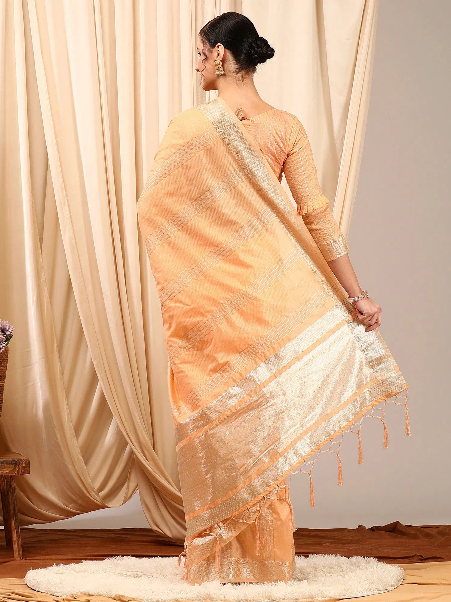 Saree Mall Women's Linen Peach Woven Design Designer Saree With Blouse Piece-LINOMA05A Versatile Layering Blouse