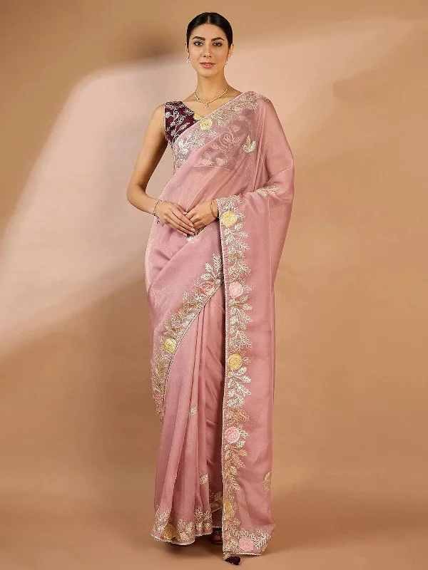 Saree Mall Women's Organza Mauve Embellished Designer Saree With Blouse Piece-SRENIK2067C Double-Layered Blouse