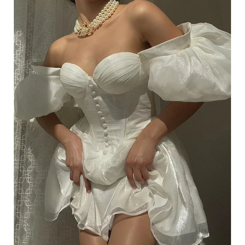 Puff Sleeve Wrapped Chest Dress White Black Elegant Princess Dress for Women Vintage Off Shoulder Slim Mini Dress Vestidos Comfortable Zip-Up Mini Dress