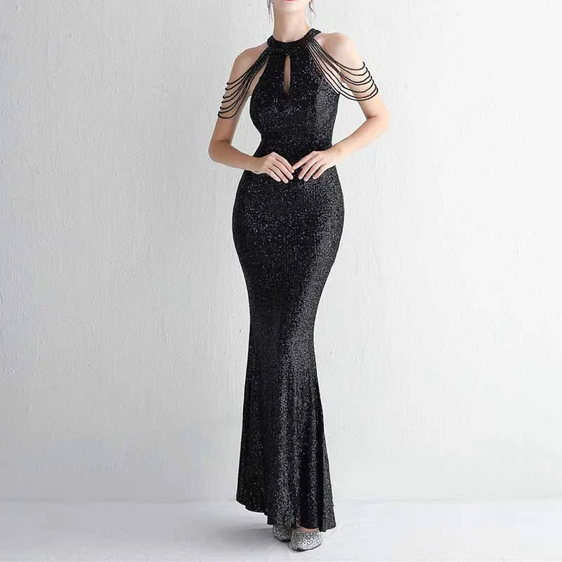 Women's Halter Neck Sequin Cocktail Long Dress Bodycon Mermaid Dress Tunics Luxurious premium