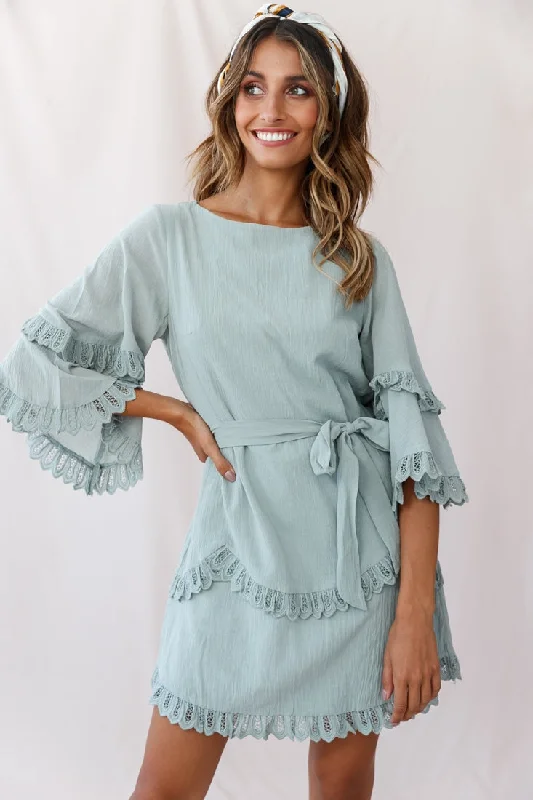 Talitha Waist Tie Lace Trim Dress Sage Tunics Timeless classic