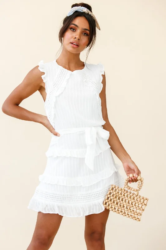 Olga Tiered Frill Detail Waist Tie Dress White Tunics Fall fleece