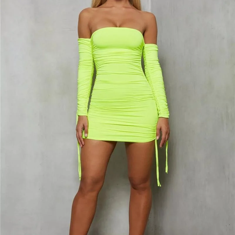 Ruched Long Sleeve Off Shoulder Mini Dress Comfortable One-Shoulder Mini Dress