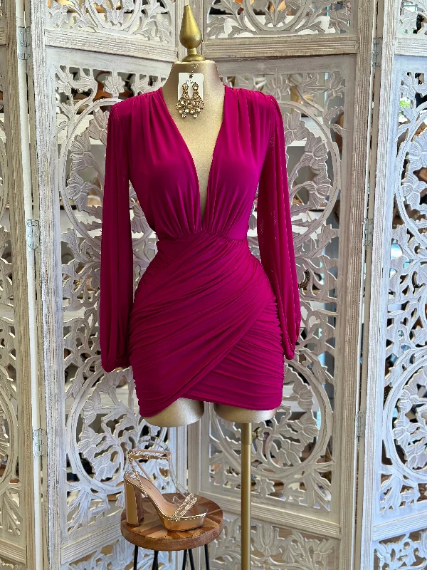 Raspberry Draped V Mini Dress Fashionable Off-Shoulder Mini Dress