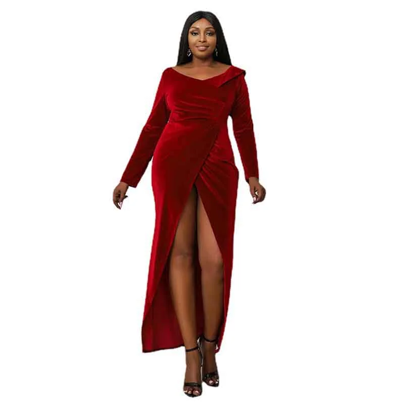 Women Plus Size Red Velvet Prom Long Sleeves Maxi Evening Dress Cowl Neckline Elegant