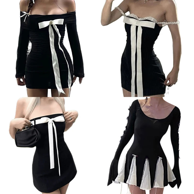 Getadme E-girl Gothic Kawaii Bow Mini Dress Korean Sweet Girl Lace Trim A-line Dress Fairycore Grunge 00s Retro Y2K Coquette Streetwear Chic Bohemian Mini Dress