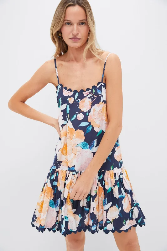 Midnight and Multi Cami Dress in Peony Print with Ric Rac Trim Tunics Running lightweight