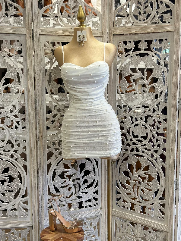 White Pearl Detail Cowl Mini Dress Stylish Short-Sleeve Mini Dress