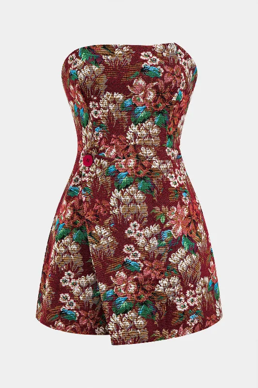 Jacquard Button Zipper Strapless Mini Dress Trendy Tulle Mini Dress