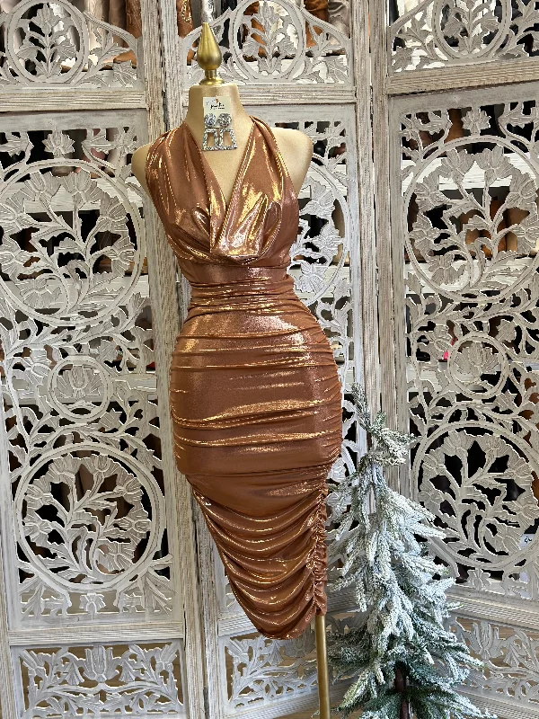 Rose Gold Cowl Neck Mini Dress Fashionable Party Mini Dress