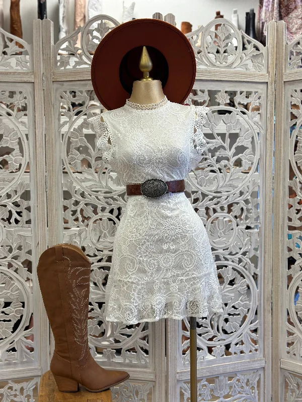 Lace Mock Neck Mini Dress- Not Stretchy Cozy T-Shirt Mini Dress