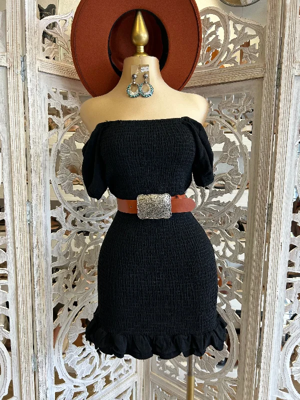 Black  Smocked Mini Dress- Stretchy Comfortable Off-Shoulder Mini Dress